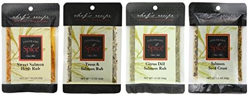 Colorado Spice Salmon and Fish Rub 4 Flavor Sampler Bundle, (1) each: Sweet Salmon Herb, Trout &amp; Salmon, Citrus Dill Salmon, Seeded Salmon (1.5 Ounces)