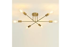 FLAMWILD Ceiling Light Fixture, Modern Sputnik Chandelier, Mid Century Industrial Lighting for Bedroom Kitchen Dining Living Room (Gold)