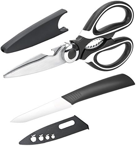 Kitchen Shears and Ceramic Knives Multi Purpose Kitchen Scissors Stainless-Steel Ultra-Sharp Dishwasher Safe Easy to Grip Handle Bottle Opener Guard Include Chicken Poultry Meat Vegetables Nuts Black