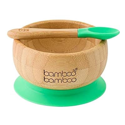 bamboo bamboo Baby Toddler Suction Bowls and Matching Spoon Set, Suction Stay Put Feeding Bowl, Natural Bamboo (Green)