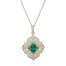 Women's Yellow Gold Plated Sterling Silver Swarovski Synthetic Emerald Antique Pendant With Cable Chain, 16+2 Inches