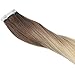 Full Shine Tape in Hair Extensions Color 3 and 8 Brown Fading to 613 Platinum Blonde 20PCS Human Hair Extensions Tape Ins 16 Inch Ombre Soft Hair Seamless Tape in Extensions for Women Real Hair 50g