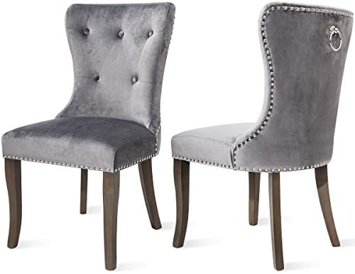 VIKHOME Dining Chairs Set of 2 Velvet Upholstered Accent Chair Button Tufted Armless Chair with Nailhead Trim and Ring Pull for Dining Room (Grey)