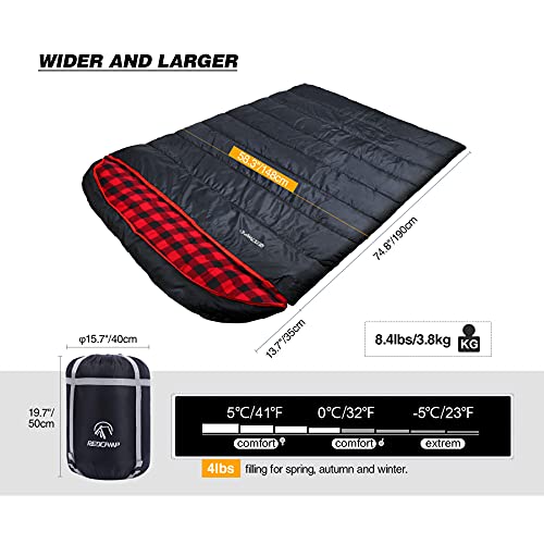 REDCAMP Cotton Double Sleeping Bag for Adults, 2 Person Cold Weather Queen Size Flannel Sleeping