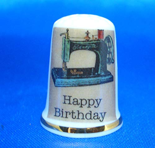 Porcelain China Collectable Thimble - Happy Birthday Sewing Box