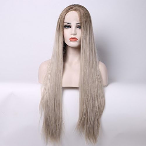 Aurica Fashion Long Straight Brown Roots Ombre Blonde Heat Safe Synthetic Hair Lace Front Wig