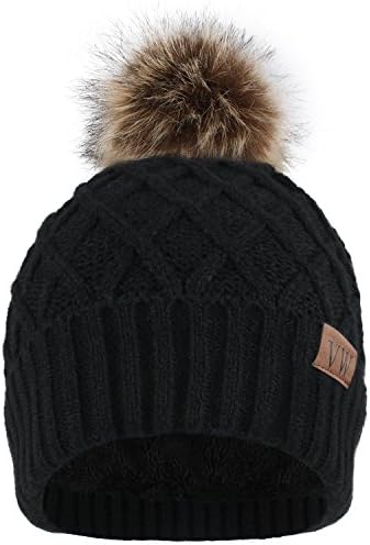 Vmevo Women's Warm Faux Fur Pom Pom Beanie Hat Soft Cable Knit Winter Fleece Lined Skull Cap Cuff Beanie