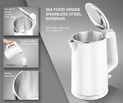 Premium Cordless Hot Water Electric Tea Kettle - Automatic Shut Off - Double Wall Cool Touch - Water Heater Boiler, Fast Boil - Portable Kettle - British Strix Ð¡ontroller