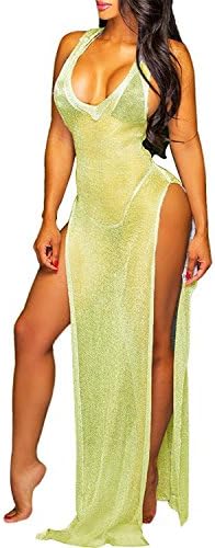 Women Bikini Cover up Perspective Sexy Summer Beachwear Split Long Dress Gold M