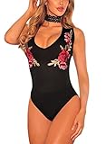FIYOTE Women Floral Printed V Neck Choker One Piece Bodysuit Small Size Black