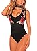 FIYOTE Women Floral Printed V Neck Choker One Piece Bodysuit Small Size Black