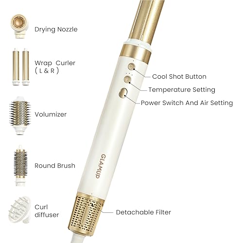GLAMUP Dual Voltage 6-in-1 Hot Air Styler & Hair Dryer Brush, Long-Lasting & No Heat Damage, Patented Golden Temp, 110K RPM & Negative Ions for Frizz-Free Fast Drying, Curling, Volumizing & Diffusing, for Curly & Thick Hair,Gift Set