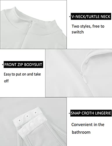 DECIMALPT WOMEN’S WHITE LONG SLEEVE BODYSUIT TOPS TURTLENECK/V NECK LEOTARDS FRONT ZIPPER BASIC STRETCHY BODY SUIT THONG CLUBWEAR