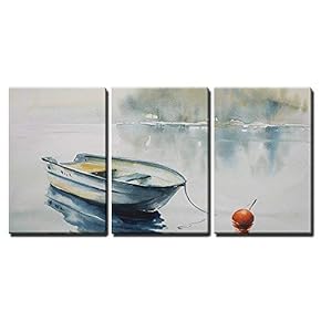 3 Piece Canvas Wall Art - Watercolor Painting of a Landscape with Wooden Boat on The River, Covered with Fog. - Modern Home Art Stretched and Framed Ready to Hang - 16"x24"x3 Panels