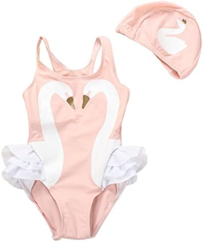 Onesie Baby Girl Summer Cute Swan Printing One-Piece Bikini Swimwear Set With Hat (1-2 Years, Pink)