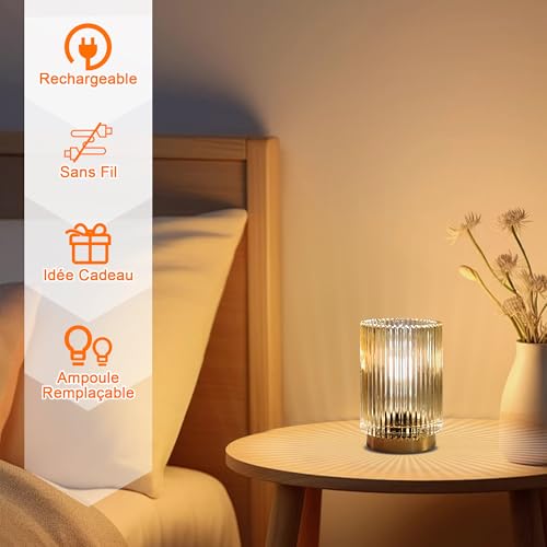 MEKOTRIN Cordless Rechargeable Table Lamp – Romantic Glass Night Lamp for Bedroom, Living Room, Cafe, Bistro, Restaurant (Amber)