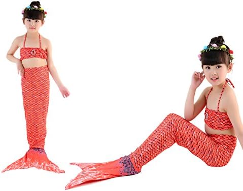 Mermaid Tail Swimsuit,3 Pcs Little Girls Mermaid Fishtail Princess Bikini Set for Swimming Mermaid Bathing Suits 2-10 Years Red 130