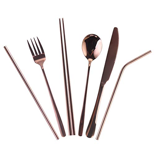 7 Pieces Portable Flatware Set, Healthy Stainless Steel Cutlery Set Silverware Set Travel Utensils Set with Fork Spoon Chopsticks Straws for Travel Camping Office School - Dishwasher Safe&Eco-Friendly - Thumbnail 6