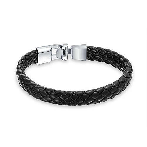 Bling Jewelry Mens Black Braided 10mm Flat Leather Cord Bracelet Steel