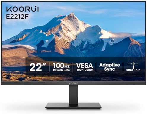 KOORUI 22 Inch Computer Monitor Full HD 1080P 100Hz PC Gaming Screen VA Panel Ultra-Slim Display 3000:1 Contrast Ratio with Adpitive Sync (HDMI/VGA/VESA Compatible 100x100mm/Audio Out), Tilt, Black