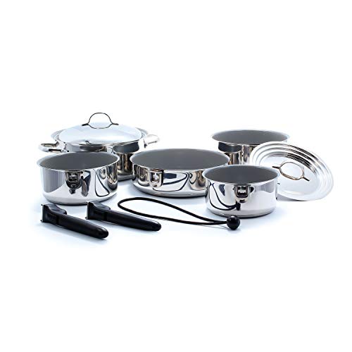 Camco Premium Nesting Cookware Set Pots with Removable Handles, Space