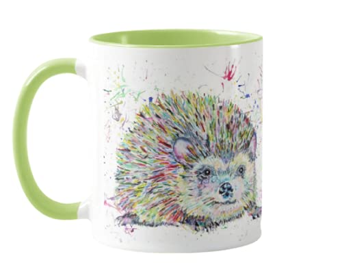 Vixar Hedgehog Watercolour Rainbow Art Wildlife Coloured Mug Cup, Gift, Birthday, Work, Office, Christmas Tea Coffee (L Green)