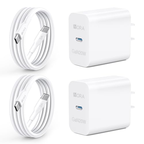 1 Hora PD 20W GAN Cargador Tipo C - 2 Pack Cargador Carga Rápida con 1M 3A Cable USB C a C - Compatible con iP17/17P/iP16/16P/15/15P, Samsung Galaxy A55/S23/Note10/S20 Ultra/S10/S9/S8