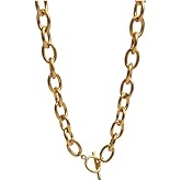 Chunky Yellow Gold Plated Over Stainless Steel Cuban Link Chain Toggle Layering Necklace 18in, Layering Necklace Jewelry Gift for Women - Tarnish Risistant- Nickel Free, Hypoallergenic, Waterproof