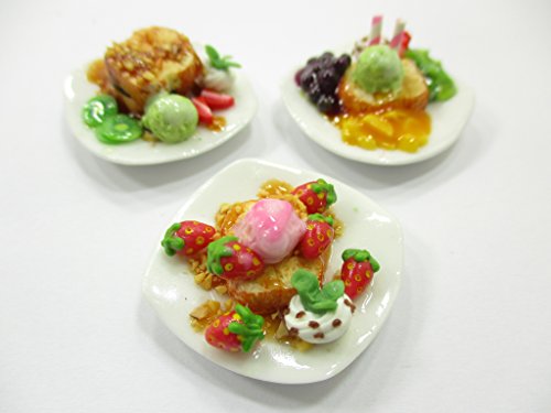 Dolls House Miniature Food 3 Honey Toast Fruit Topping Dessert Sweet Plate 14143