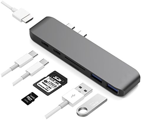 Quarkware 7 in 1 USB C Hub Adapters for Apple Macbook Pro 13" 15" 2016/2017 (Space Gray) - Thunderbolt 3(40Gbs), 4K HDMI Video Output, 2×USB 3.0 Ports, SD/Micro SD Card Reader