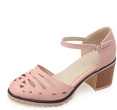 AllhqFashion Women's Kitten-Heels Soft Material Solid Buckle Closed Toe Sandals, Pink, 39
