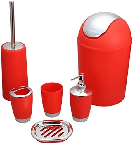 Gorgester Plastic Bath Accessory Bathroom Set,6 Piecs Dispenser Toothbrush Holder Tumbler Cup Soap Dish Trash Can Toilet Brush Set (Red)