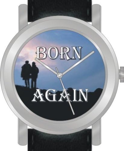 "Born Again" Is the Inspirational Image on the Dial of the Unisex Size Brushed Chrome Round Case with Black Leather Strap
