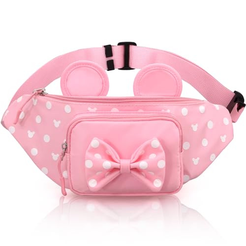 Pink Fanny Pack for Women Teen Girls Mini Mouse Fanny Pack Cute Bowknot Polka Dot Waist Pack Outdoor Travel Waist Bag Cartoon Hiking Belt Bag Bum Bags with Mouse Ears