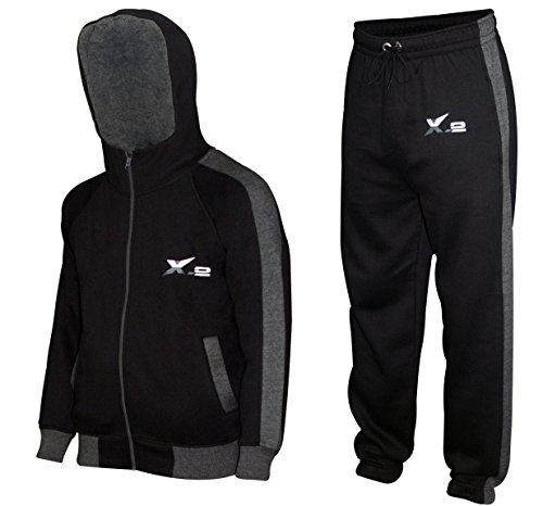 X-2 Mens Athletic Full Zip Fleece Tracksuit Jogging Sweatsuit Activewear Hooded Top Black XXL - Thumbnail 2