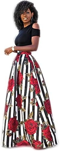 Dafina Specialties Women's Off Shoulder Casual Rose Print Maxi Skirts Dress 2 Pieces Top &amp; Bottom Skirts (Large)