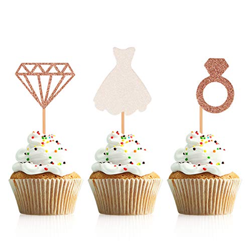 Donoter 48 Pcs Glitter Diamond Ring Wedding Dress Cupcake Topper Picks for Bridal Shower Engagement Party Decorations - Thumbnail 2
