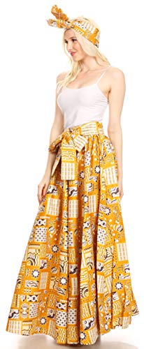 Sakkas 19417 - Ami Women's Maxi Long African Ankara Print Skirt Pockets & Elastic Waist - 132-GoldMulti - OS
