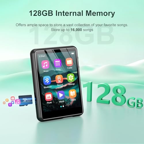 128GB MP3 Player with Bluetooth 5.4, 2.4 inch Full Touchscreen Portable Music Player HiFi Lossless Digital Audio Player with Speaker, FM Radio, E-Book, Earphones Included