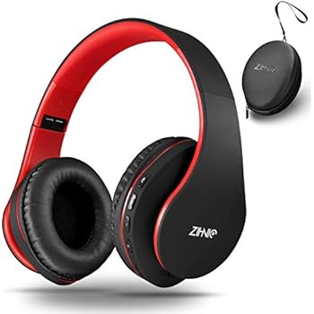 Wireless Over-Ear Headphones with Deep Bass, Foldable Wireless and Wired Stereo Headset Buit in Mic for Cell Phone, PC,TV, PC,Soft Earmuffs &Light Weight for Prolonged Wearing (Black/red)