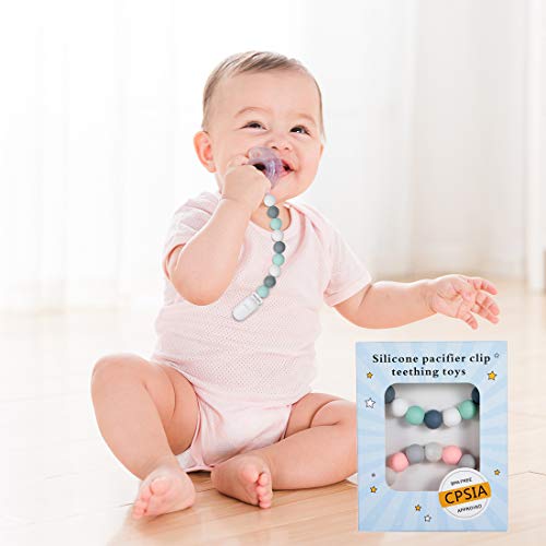 Pacifier Clip, BPA-Free Silicone Teething Beads Teether Holder, Pacifier Holder Clips for Teething Relief, 4 Different Color