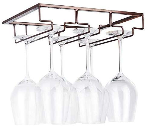 FOMANSH Wine Glass Rack - Under Cabinet Stemware Wine Glass Holder Glasses Storage Hanger Metal Organizer for Bar Kitchen Brown