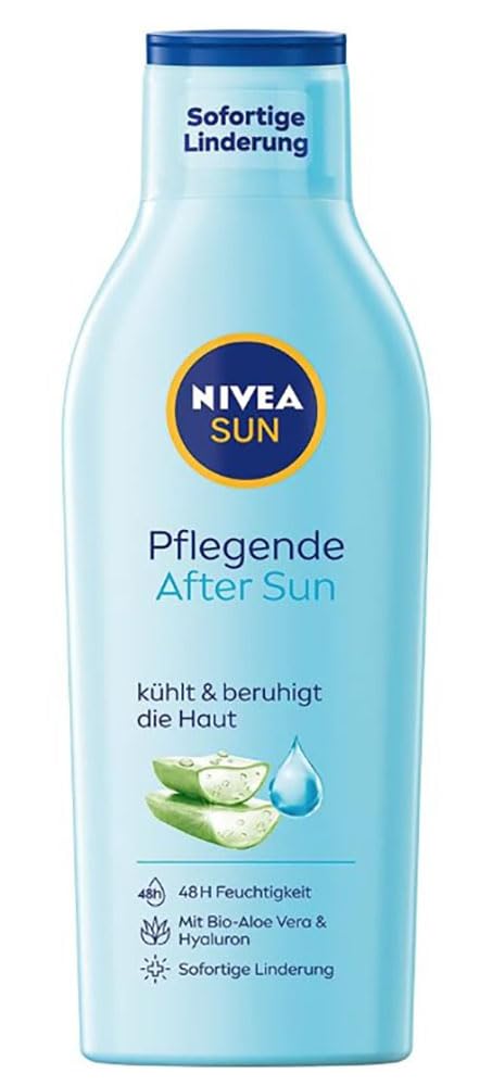 Nivea Sun Moisturising After Sun Lotion 250 ml, Lotion with Skin Soothing Effect After Sunbathing, After Sun with Organic Aloe Vera and Hyaluronic Acid for 48 Hours Moisture