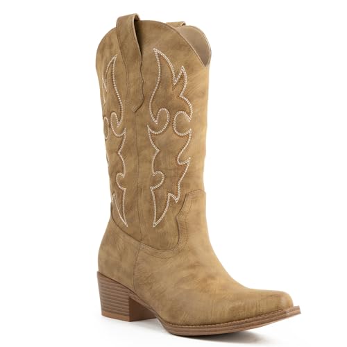 Herrlyn Camel Cowgirl Boots, Cowboy Boots For Women, Embroidered Western Mid Calf Chunky Heel Pointed Toe Country Boot for Party, Concert, Daily Wear at Amazon