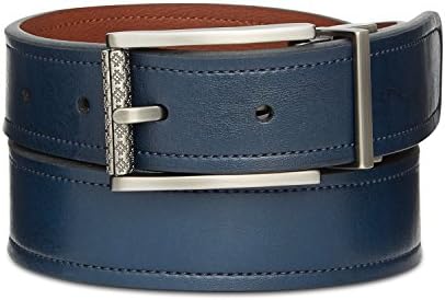 Ryan Seacrest Men's 32mm Vachetta Leather Reversible Belt, Navy/Tan 40/100