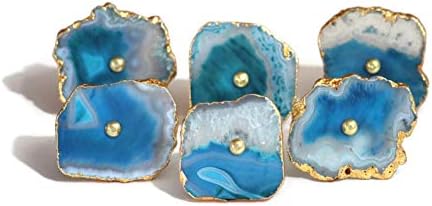 Ocean Blue Agate Stone knobs for Cabinet Doors and Drawers (8, Silver Electroplated Borders)