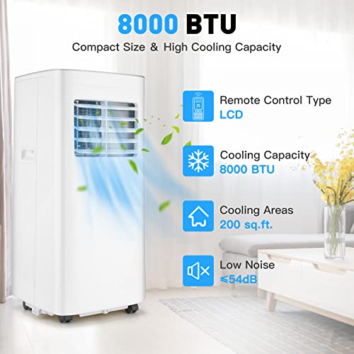 Portable Air Conditioners-8,000 BTU 3-in-1 Air Conditioner Portable with Dehumidifier and Fan Mode, Cools up to 200 square feet, Portable AC with Remote Control＆24 Hours Timer for Home, Office, Dorms