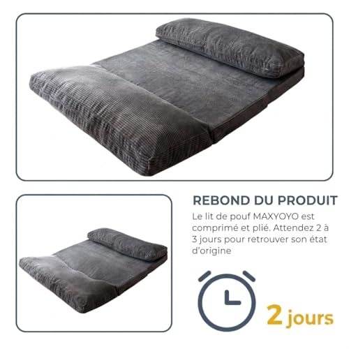 MAXYOYO Folding Bean Bag Chair with Foam Padding, Extra Thick 4 Layers, Mattress/Floor Sofa for Adults, Removable and Machine Washable Cover, Charcoal, 135 x 240 cm