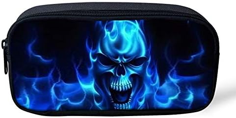 Pencil Pouch Big Capacity Pencil Multi Bag Cool Blue Fire Flame Skull with Zipper for Pen Case Makeup Cosmetic Bag