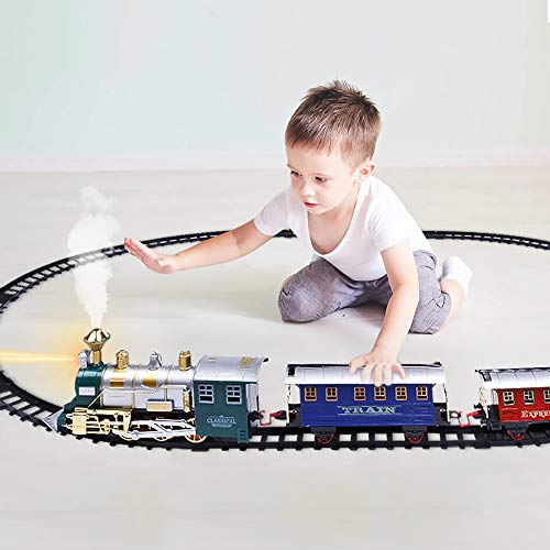 Electronic Classic Train Set for Kids with Headlight, Realistic Sound, Smoke, Toy Train for Kids, 1 Locomotive, 2 Compartments, 10 Railway Tracks, Gift for Boys Girls Age 5+, Christmas Tree Decoration - Thumbnail 4